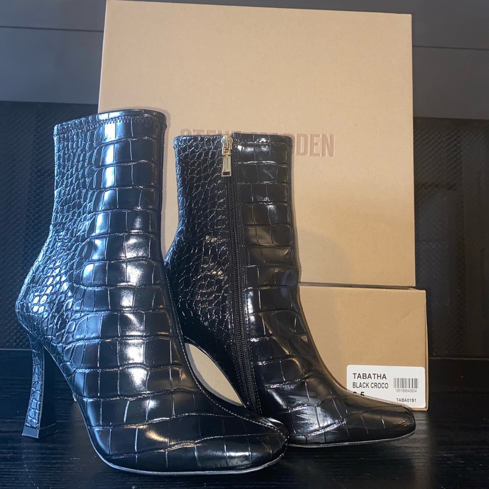 Steve Madden Tabatha Patent Square Toe Mid-Calf Boots Size 6.5 black crocodile